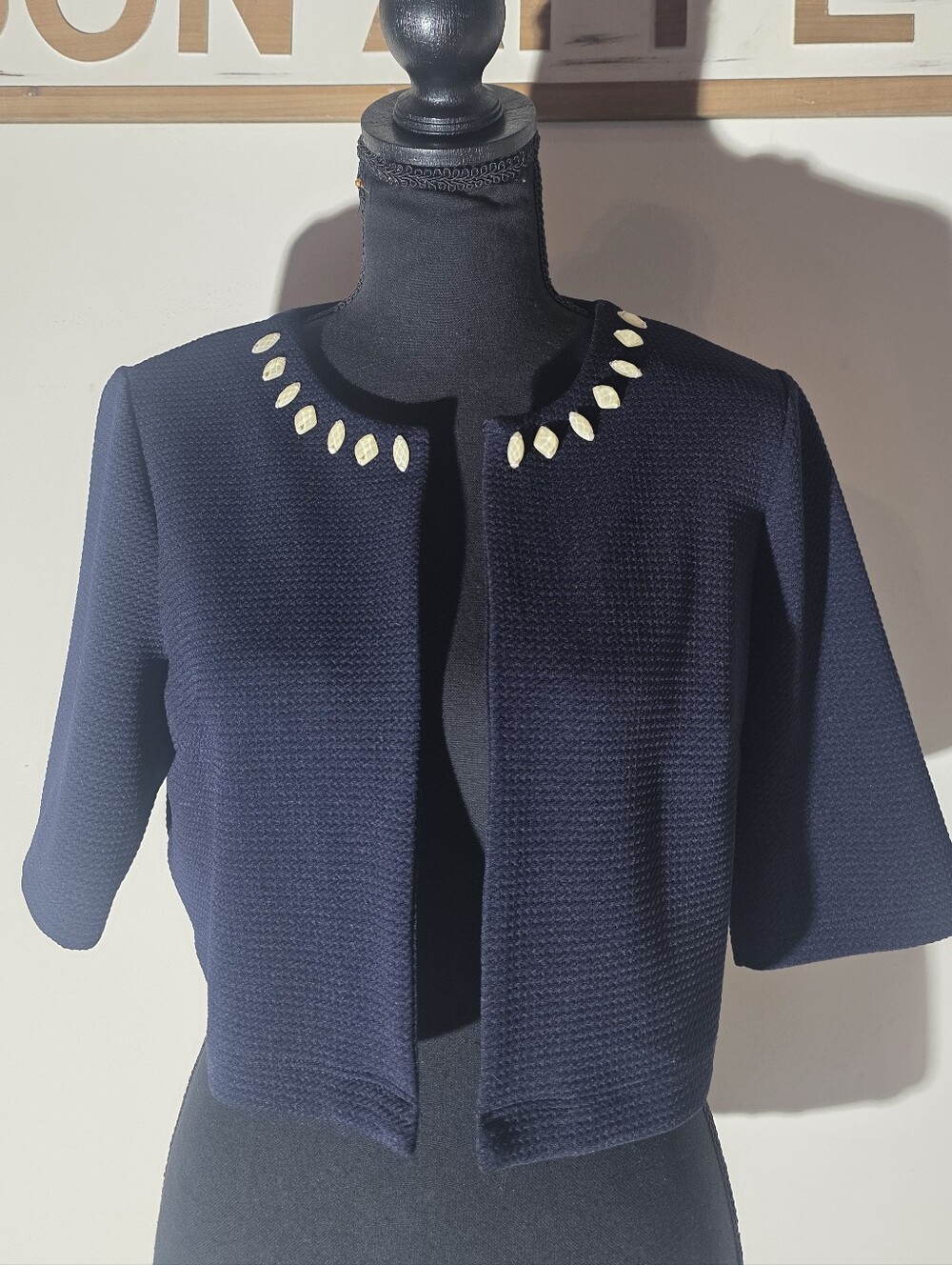 Peeceptions Navy Embellished Cropped Womens Sweater Jacket (Size M-P)